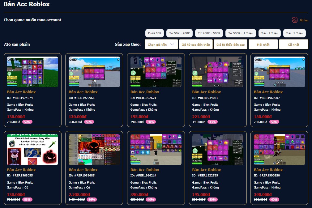 Danh mục acc Roblox tại BloxVN
