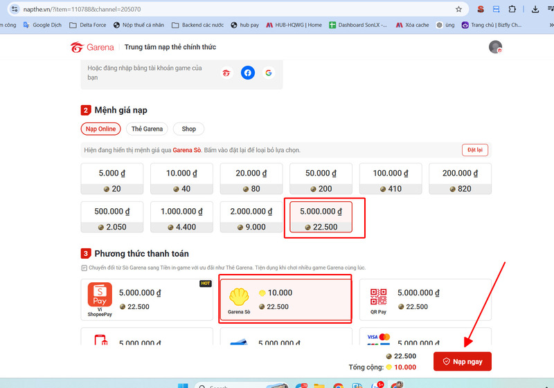 Chọn thanh toán bằng Garena Sò rồi ấn nạp ngay