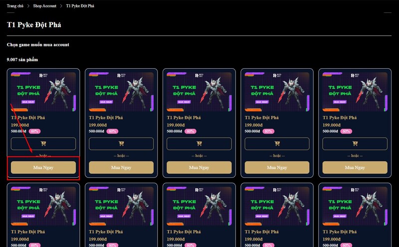 Chọn acc TFT cần mua và bám "Mua ngay"