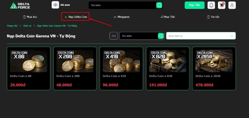 Truy cập vào danh mục nạp delta coin