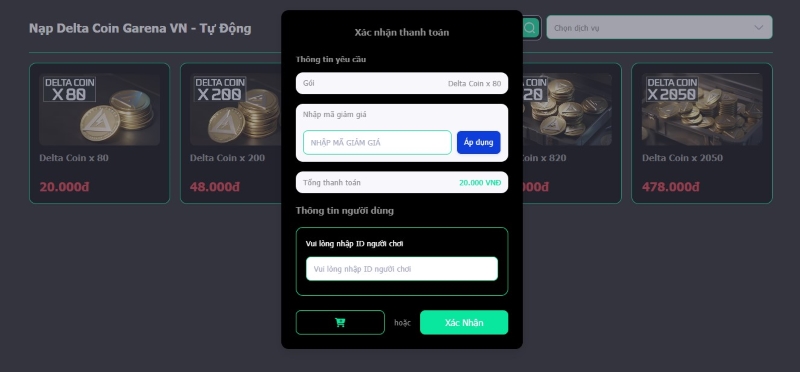 Điền ID nhân vật trong game, nhập mã giảm giá ( nếu có)