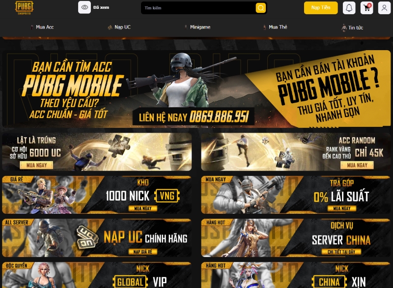 Giao diện trang chủ của shop acc PUBG Moblie Rito