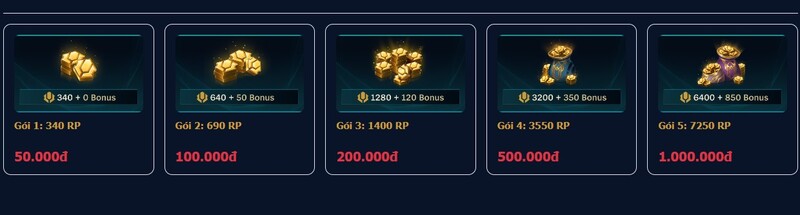 Bảng Giá Nạp RP LOL Liên Minh Huyền Thoại Tại Shop Rito