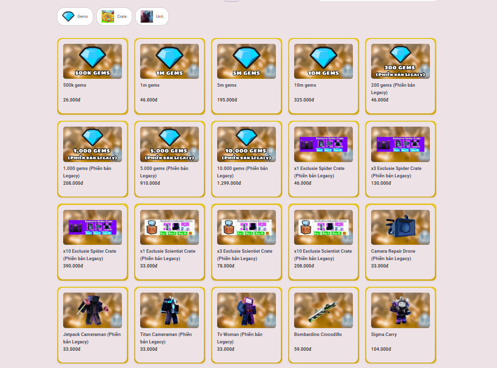 Dịch vụ Bán Gems - Unit Toilet Tower Defense