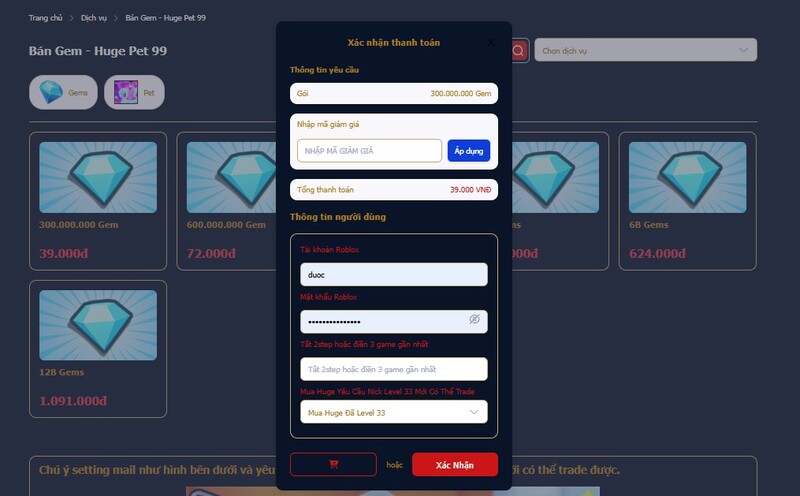 Thanh toán mua sử dụng dịch vụ game Huge Pet 99