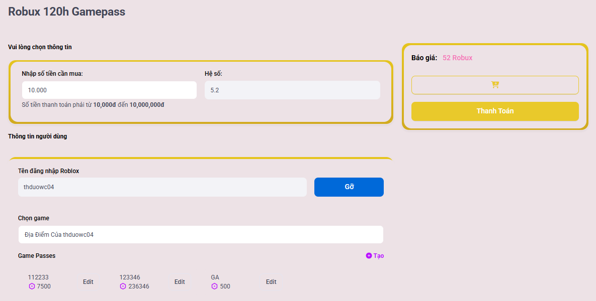Cách nhập thông tin mua Robux 120h Gamepass