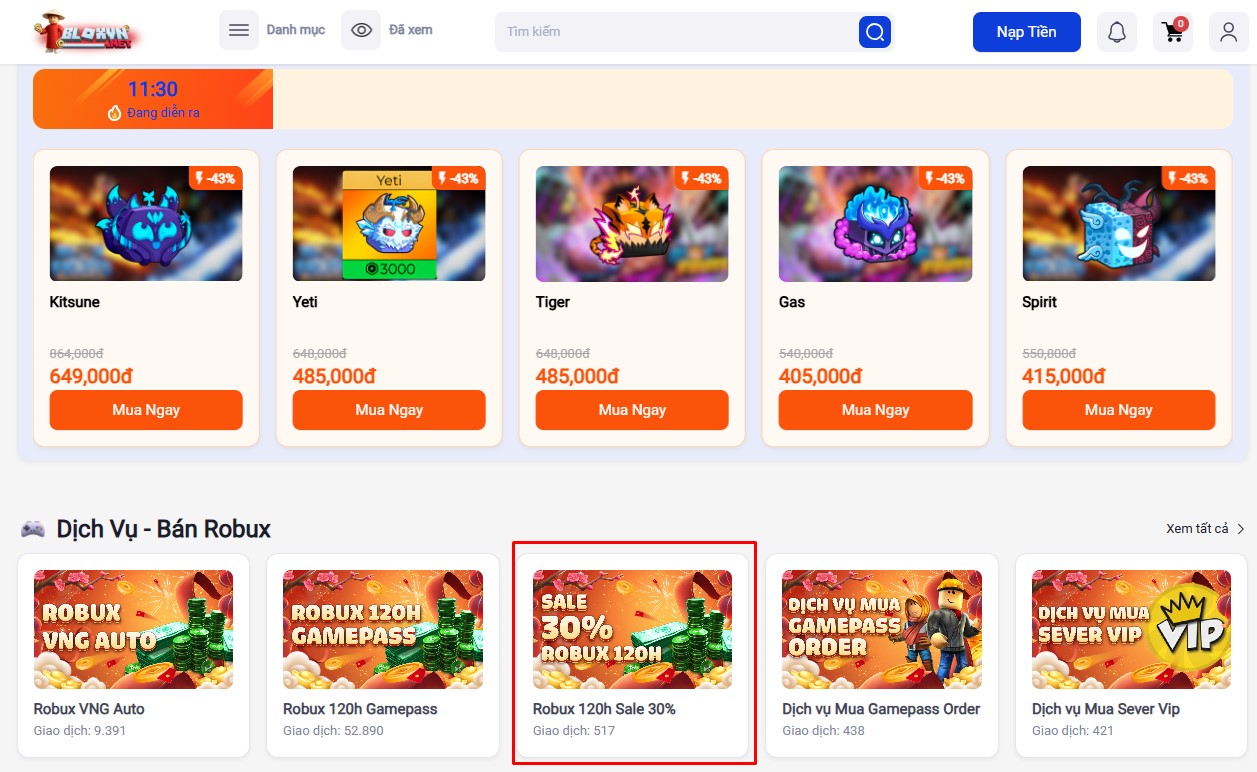 Chọn danh mục Robux 120H Gamepass